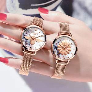 Chrysanthemum Flowers Garden Fashion Ladies Wristwatches Black Leather Rose Gold Case Japan Quartz Wrist Watches for Women