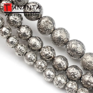 Silver Plated Natural Lava Beads Volcanic Rock Stone Round Beads for Jewelry Making Fit DIY Bracelet Necklace 4/6/8/10mm 15 inch