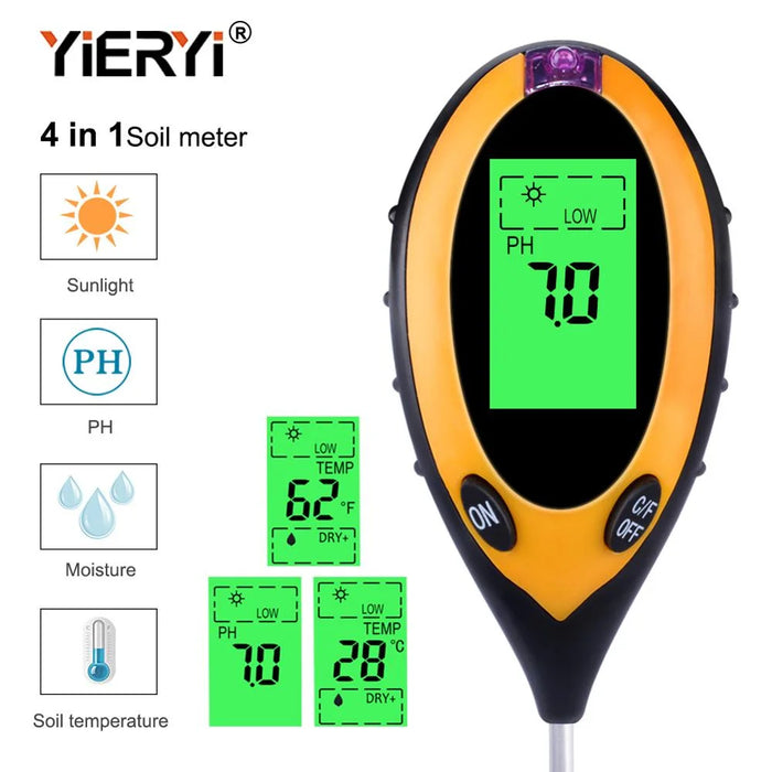 Yieryi Digital 4 In 1 Soil PH Meter Moisture Monitor Temperature Sunlight Tester for Gardening Plants Farming with Blacklight