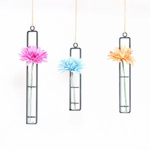 Creative Wall Hanging Flower Vase Iron Glass Hydroponics Planter Pot Transparent Hanging Flower Bottle Home Ornament Decoration