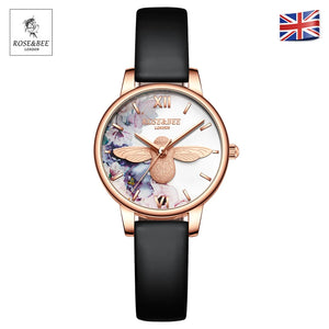 Chrysanthemum Flowers Garden Fashion Ladies Wristwatches Black Leather Rose Gold Case Japan Quartz Wrist Watches for Women