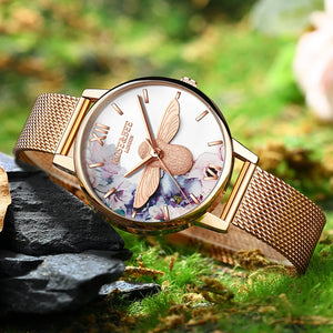 Chrysanthemum Flowers Garden Fashion Ladies Wristwatches Black Leather Rose Gold Case Japan Quartz Wrist Watches for Women