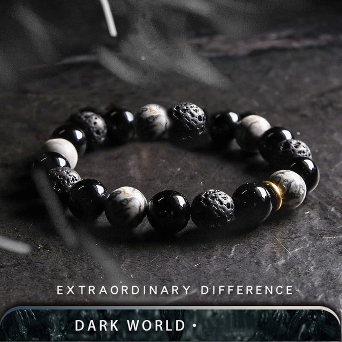 Dark Series Natural Black Onyx Volcanic Rock Map Stone Beads Bracelet Homme Copper Accessories Lava Jewelry for Women Pulsera