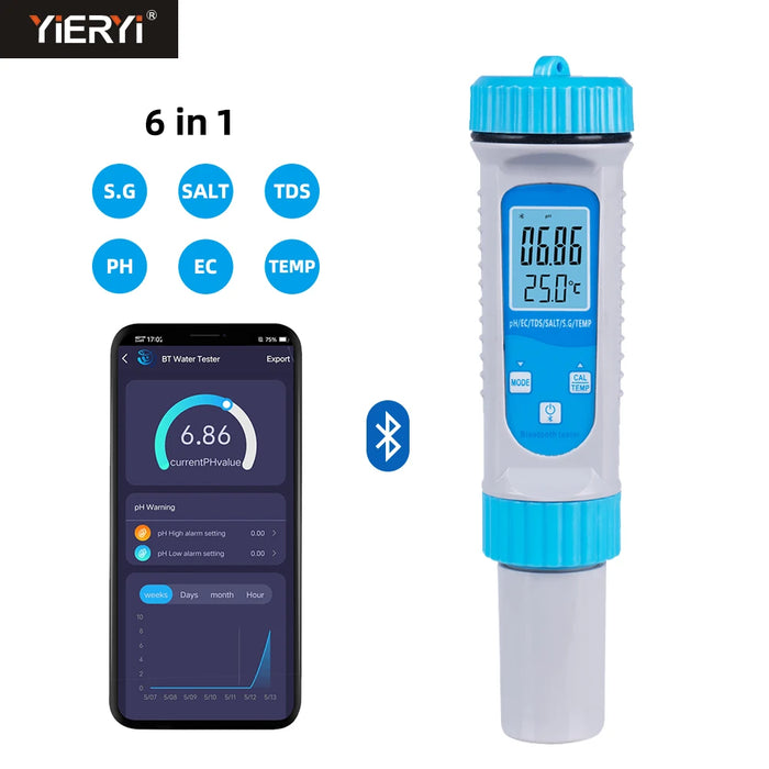 Tuya 6 in 1 PH Meter Salinity S.G. EC ppm Temp Nutrient Tester Water Quality Testing APP Control for Hydroponics Plants Aquarium