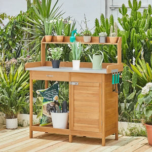 Outdoor Potting Bench Table Work Station Garden Planting with Cabinet & Drawer & Top Shelf & Lower Shelf Natural Wood