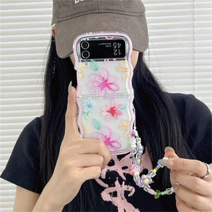 Cute Cartoon Flower Bracelet Case for Samsung Galaxy Z Flip 5 4 3 Flip5 Zflip4 flip3 Beads Wrist Chain Wavy Painting Korea Cover