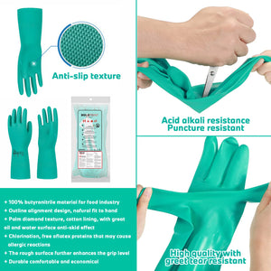 2 Pairs Reusable Nitrile Gloves - Extra Thick, Long Sleeve, for Dishwashing, Gardening, Pet Care, Chemical & Latex Free