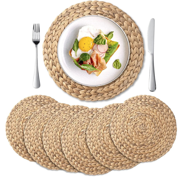 Round Woven Placemats, Natural Water Hyacinth Place Mats, Braided Straw,Table Mats for Dining Table,Garden Party,Outdoor, 4 Pack