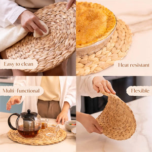 Round Woven Placemats, Natural Water Hyacinth Place Mats, Braided Straw,Table Mats for Dining Table,Garden Party,Outdoor, 4 Pack