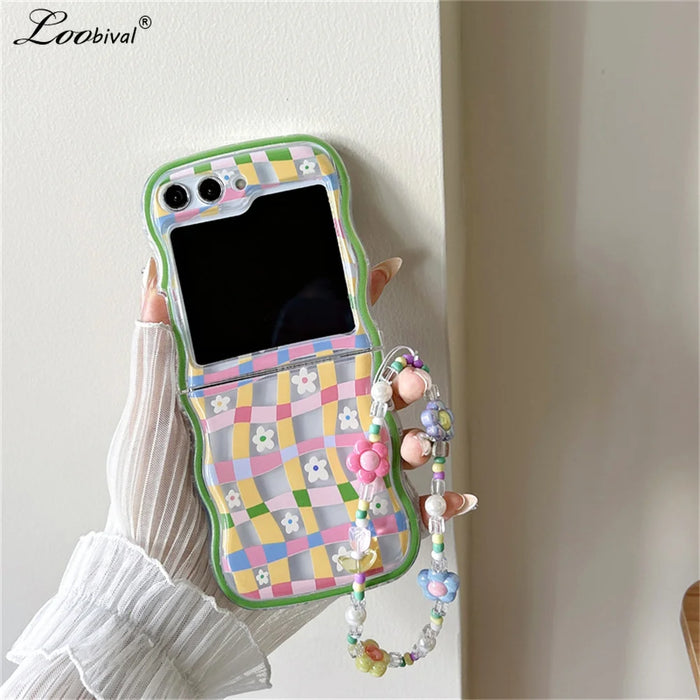 Cute Cartoon Flower Bracelet Case for Samsung Galaxy Z Flip 5 4 3 Flip5 Zflip4 flip3 Beads Wrist Chain Wavy Painting Korea Cover