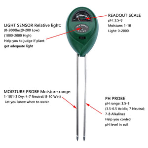 3 In1 Moisture Sunlight PH Meter Soil Water Acidity Humidity Light PH Test Garden Plant Flowers Moist Tester PH Monitor Detector