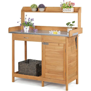 Outdoor Potting Bench Table Work Station Garden Planting with Cabinet & Drawer & Top Shelf & Lower Shelf Natural Wood