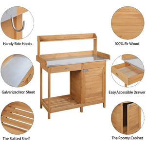 Outdoor Potting Bench Table Work Station Garden Planting with Cabinet & Drawer & Top Shelf & Lower Shelf Natural Wood