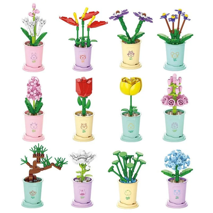 HOT MOC Flowers DIY Potted Plants Micro Landscapes Mini Art Construction Building Blocks Sets Model Dolls Brick Girls Toys Gifts