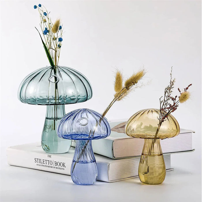 Nordic Hydroponic Plant Vase Mushroom Shape Transparent Glass Vase Flower Vase Container Home Living Room Office Desktop Decor