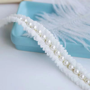 2CM Wide White Mesh Pleated Fabric Glitter Beaded Fringe Lace Edge Trim Garment Collar Ribbon Wedding Dress DIY Applique Decor