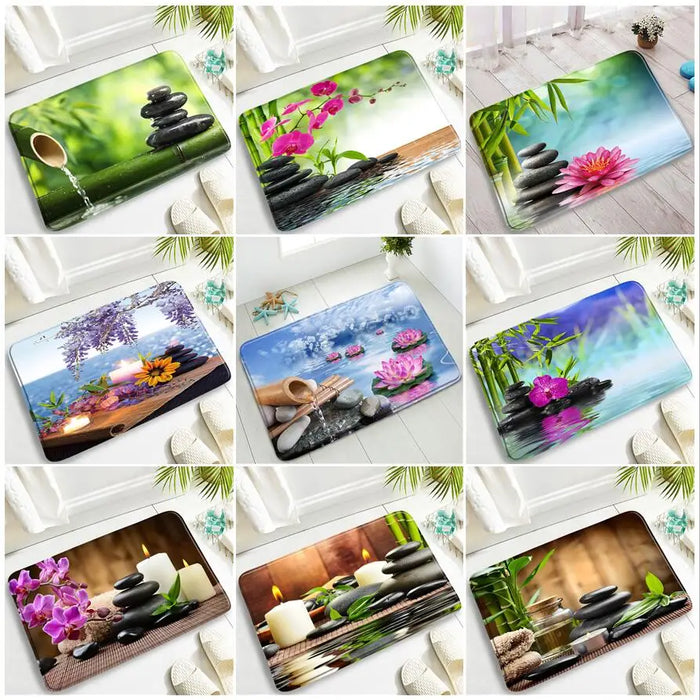 Zen Plant Flower Door Mats Bamboo Lotus Orchid Running Water Spa Garden Scenery Kitchen Rug Bathroom Decor Non-slip Bath Mat Set