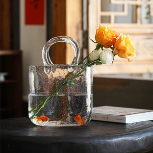 Handbag Shape Flower Vase Fish Tank Transparent Glass Hydroponic Plants Container for Home Office Decor Small Goldfish Container