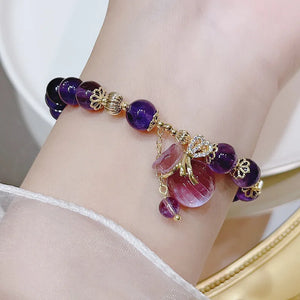 Natural Amethyst Bracelet Women's Zirconia Love Pendant Beads Vintage Strand Bracelets Sister Student Festival Jewelry Gift