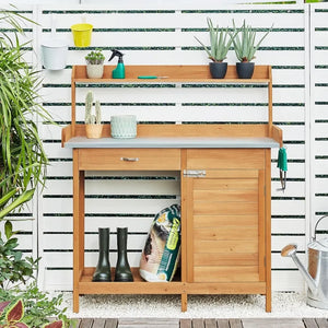 Outdoor Potting Bench Table Work Station Garden Planting with Cabinet & Drawer & Top Shelf & Lower Shelf Natural Wood