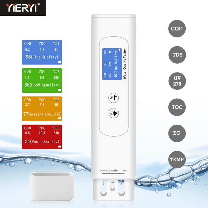 6 in 1 EC/TDS/COD/UV275/TOC/Temp Water Quality Tester Color Screen Display ppm Analyzer for Drinking Water Tap Hydroponics Lab