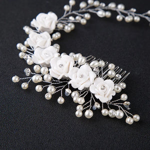 Bridal Wedding Crystal Bride Hair Accessories Pearl Flower Headband Handmade Hairband Beads Decoration Hair Comb For Women