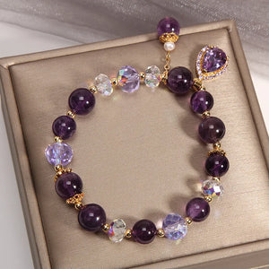 Natural Amethyst Bracelet Women's Zirconia Love Pendant Beads Vintage Strand Bracelets Sister Student Festival Jewelry Gift