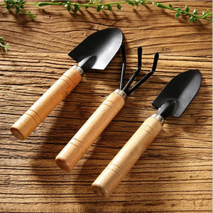 3pcs Mini Garden Shovel Rake Spade Bonsai Tools Set Wooden Handle for Flowers Potted Plant Garden Tools Weeding Tools