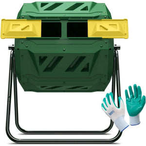 Yard Waste Bin, Compost Tumbler Bin Composter Dual Chamber 43 Gallon (Bundled with Gardening Gloves), Yard Waste Bin