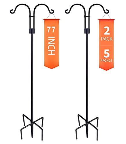 XDW-GIFTS Double Shepherds Hooks for Outdoor, 2-Pack Heavy Duty Garden Pole for Hanging Bird Feeder, Plant Baskets, Solar Light Lanterns, Garden Plant Hanger Stands with 7 Base Prongs