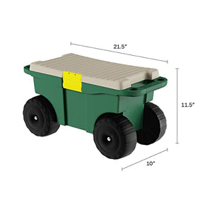 Garden Cart Utility Wagon – Rolling Storage Bin with Bench Seat and Interior Tool Tray – Gardening Stool for Weeding and Planting by Pure Garden, Dark Green/Black/Grey