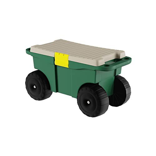 Garden Cart Utility Wagon – Rolling Storage Bin with Bench Seat and Interior Tool Tray – Gardening Stool for Weeding and Planting by Pure Garden, Dark Green/Black/Grey