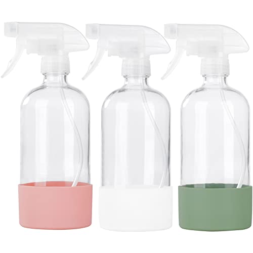 HOMBYS Empty Clear Glass Spray Bottles with Silicone Sleeve Protection - Refillable 16 oz Containers for Cleaning Solutions, Essential Oils, Misting Plants - Quality Sprayer -3 Pack
