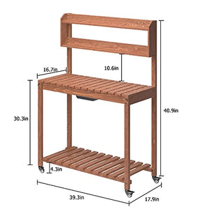 Domenow Mobile Potting Bench -Natural Wood Large Garden Outdoor Work Bench w/Sliding Tabletop, 4 Locking Wheels, Food Grade Dry Sink, Storage Shelves - Brown Stain Finish