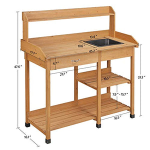 Yaheetech Potting Bench Outdoor Garden Work Bench Station Planting Solid Wood Construction for Horticulture w/Sink Drawer Rack Shelves Natural Wood