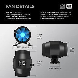 TerraBloom 4” Grow Tent Ventilation Combo - Latest model 4” EC Duct Fan, 4”x12” Premium Activated Air Carbon Filter and 4” x 8 Ft Lightproof ducting For Small And Medium Growing Tents
