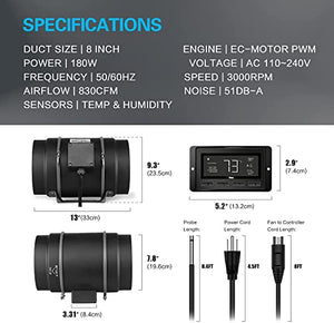 iPower 8 Inch Inline Duct Ventilation Fan with Temperature Humidity App via Bluetooth and WiFi, Alexa Voice Control, Quiet Exhaust Blower for Hydroponics Grow Tent, Black