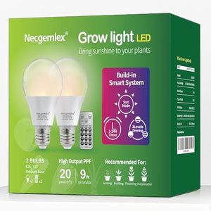 Necgemlex Smart LED Grow Light Bulbs with Remote Controller, Sun Mode, Built-in Daily Auto Timer, 4500K, A21/A70 E26/E27 9W Dimmable Full Spectrum Grow Bulbs for Indoor Plants, 2 Pack