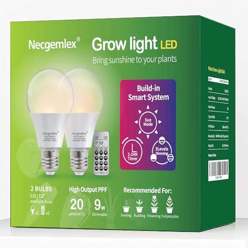Necgemlex Smart LED Grow Light Bulbs with Remote Controller, Sun Mode, Built-in Daily Auto Timer, 4500K, A21/A70 E26/E27 9W Dimmable Full Spectrum Grow Bulbs for Indoor Plants, 2 Pack