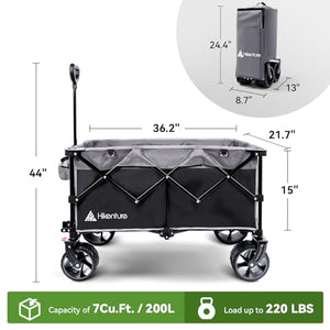 Hikenture Collapsible Wagon Cart with Cargo Net, 220lbs Capacity Beach Wagon with Big Wheels for Sand, Heavy Duty Foldable Wagon with Brakes, Portable Utility Folding Garden Cart for Outdoor