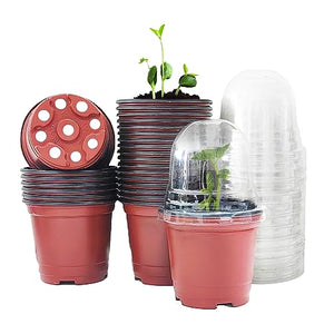 RooTrimmer Plant Nursery Pots with Humidity Domes, 25 Sets 4 Inch Soft Nursery Pots Quality Ones (25 Red Pots + 25 Clear Lids), Seeds Starter Pots Small Planter Containers