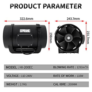 HaveWin Inline Duct Fan with Temperature Humidity Controller and Sensor Probe, Ultra-Quiet Duct Booster Fan for Heating and Cooling System, for Grow Tents, Kitchens, Dining Rooms (8 Inch）