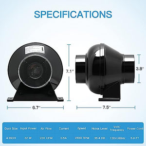 iPower 4 Inch 195 CFM Upgrade Inline Fan, Air Carbon Filter, 8 Feet Ducting Speed Controller Rope Hanger, Exhaust Blower for Grow Tent Ventilation
