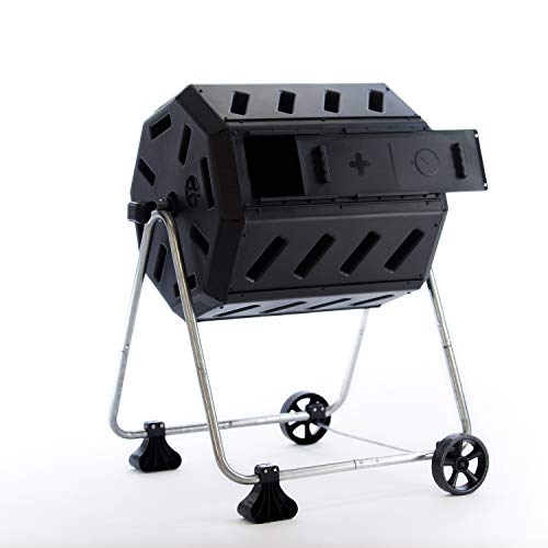 FCMP Outdoor IM4000-WK 37 Gallon Plastic Dual Chamber Tumbling Composter Outdoor Elevated Rotating Garden Compost Bin with Wheels, Black/Black