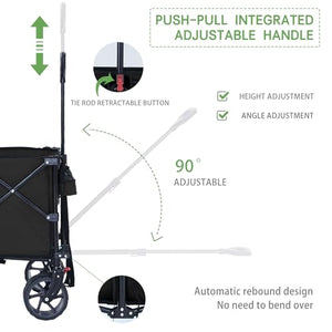 Moon Lence Collapsible Folding Wagon Cart Heavy Duty Folding Garden Portable Hand Cart with All-Terrain Beach Wheels, Adjustable Handle & Drink Holders (Black)