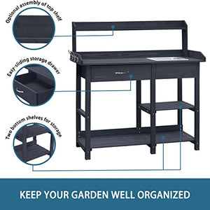 MUPATER Potting Bench Garden Table for Outdoors with Removable Stainless Sink, Planting Work Bench with Storage Shelves and Drawer, Grey