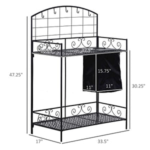 Outsunny Folding Potting Bench Table, Metal Garden Workstation, Work Bench with Large Build-in Bag with Cover, 5 Hanging Hooks & Storage Shelf