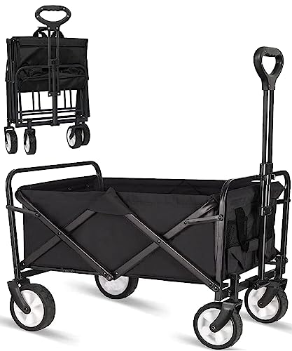 iHomey Collapsible Folding Outdoor Utility Wagon, Beach Wagon Cart with All Terrain Wheels & Drink Holders, Portable Sports Wagon for Camping, Shopping, Garden and Beach (Black/1 Year Warrant)