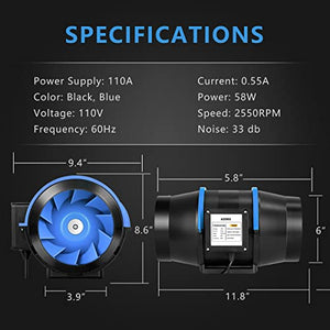 AIZORIS Quiet 6Inch Inline Duct Fan,Vent Booster Fan with Speed Controller,It Comes with 1.5 Meters of Wire,Suit for Grow Tent Planting and Indoor Place Ventilation-6 inch