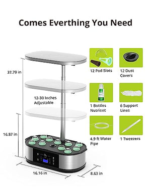 WiFi 12 Pods Hydroponics Growing System 36W Full Spectrum Grow Lights, 3 Planting Modes with Traction Hook, Silent Pump System, Automatic Timer, Up to 30" Height Adjustable, Ideal Gardening Gifts